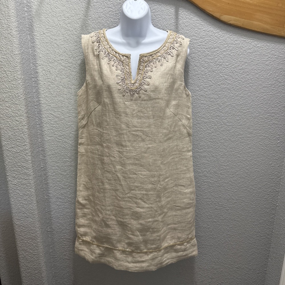 LOFT‎ Dress Women's Size 10 Beige 100% Linen Embellished Sleeveless Quiet Luxury